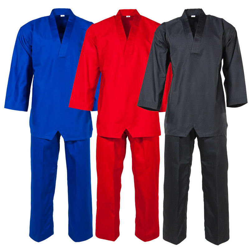 Tae Kwon Do Uniforms -   Black/Blue/Red V-neck - Light Weight  poly/cotton
