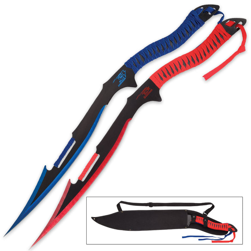 BLUE GUARDIAN AND RED GUARDIAN TWIN SWORD SET WITH NYLON SHOULDER SHEATH